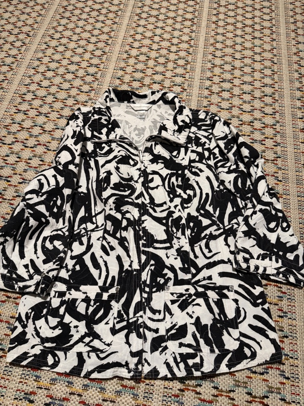 Christopher & Banks Black and White Abstract Zip Jacket 3/4 sleeve